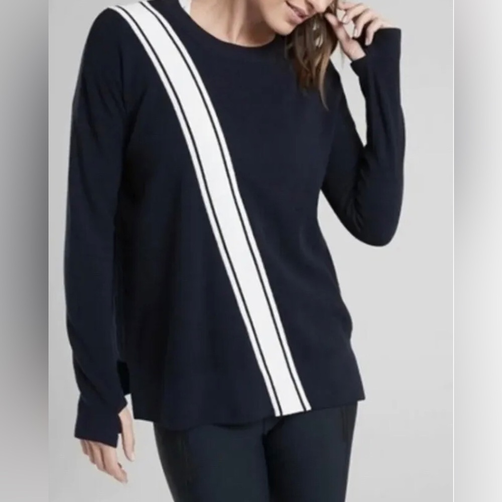 Athleta  Navy White Sweater womens Relaxed Thumbholes Crew Neck size Medium